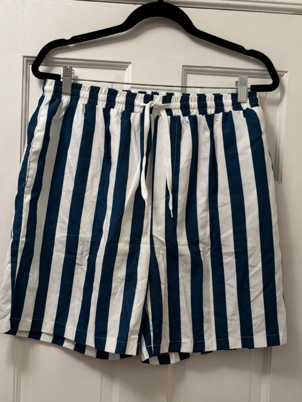 Men’s Navy and White Vertical Stripe Elastic Waist Swimshorts